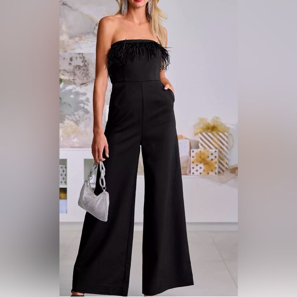 Boston proper size 16 Strapless Faux-Feather Wide-Leg Jumpsuit